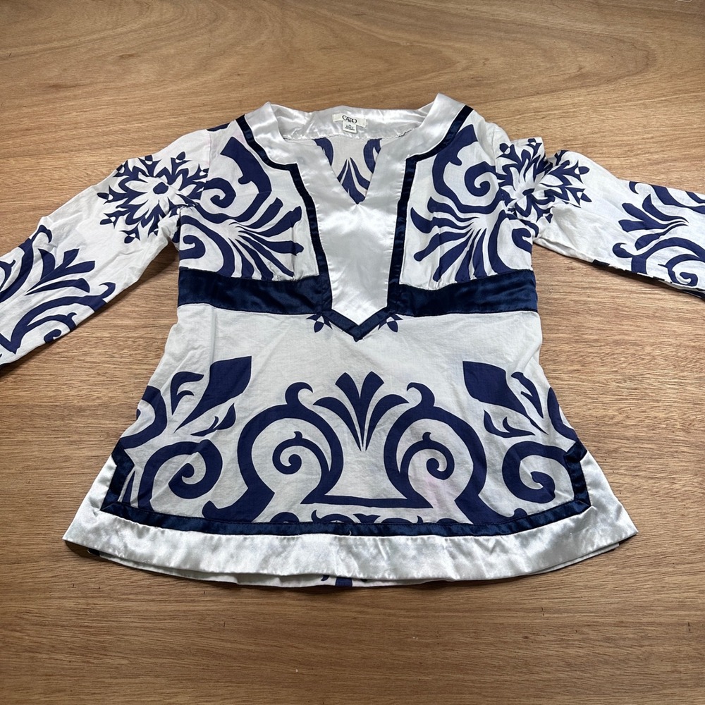 Cato Blue White Damask Print Tunic Top Tie Back 100% Cotton Women's M